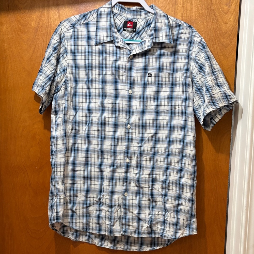 Quiksilver White and Blue Checkered Men's Shirt